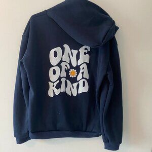 Navy Pullover Hoodie with 'One of a Kind' and Flower Detail 🌸🌀